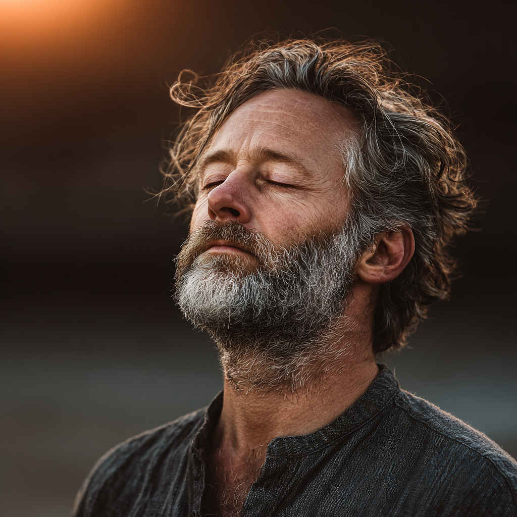 Peaceful middle-aged man around 45 years old practicing mindful breathing exercise with eyes closed in natural outdoor setting