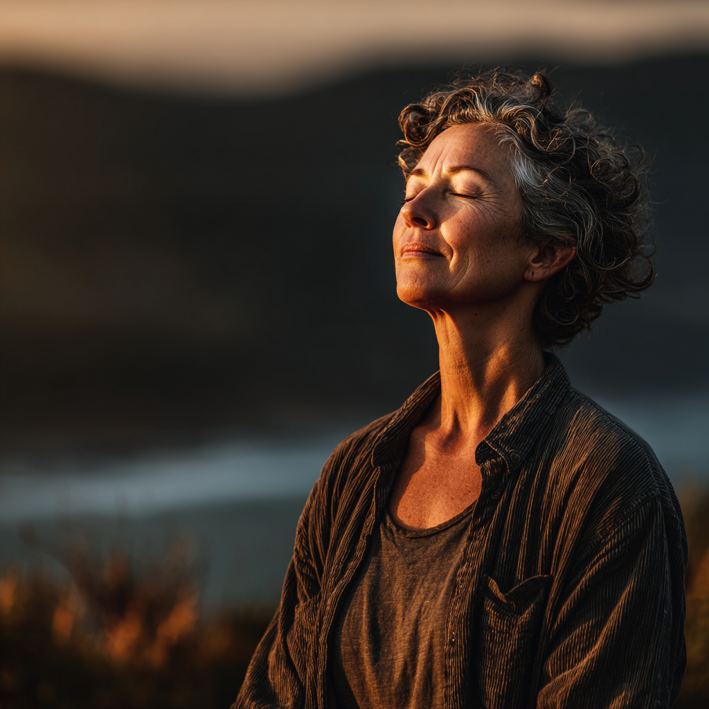 Serene middle-aged woman in her early 50s practicing yoga meditation pose in peaceful natural setting with soft lighting